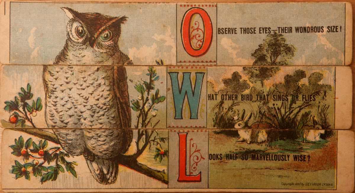 Original 19th Century Childs Spelling Puzzle, Owl