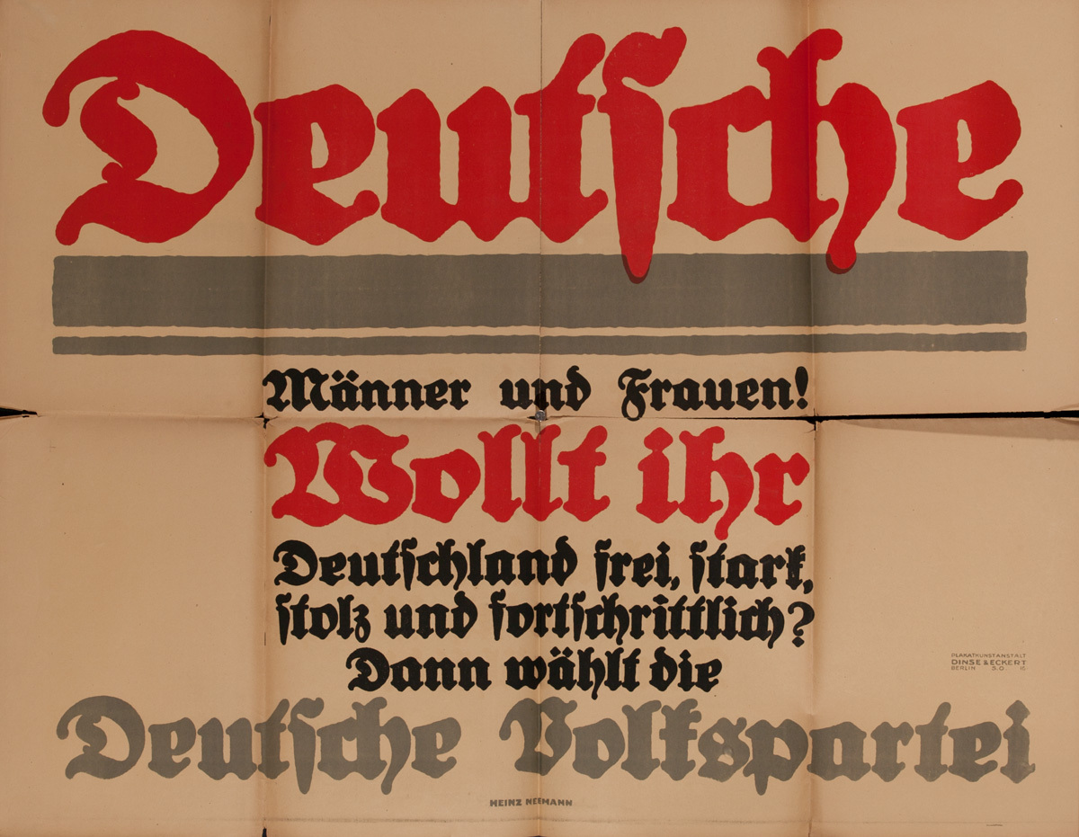 Original Post-WWI German Poster Men and Women, German Peoples Party Poster