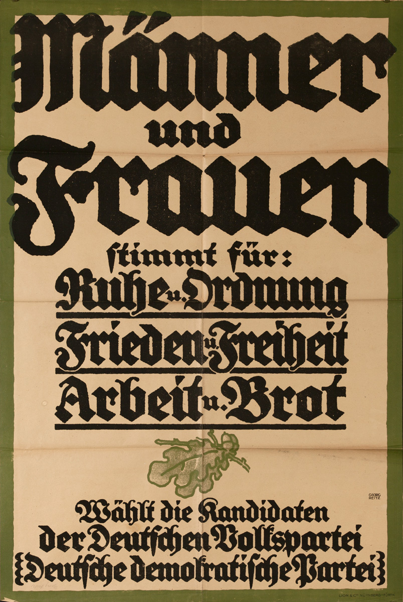 Original Post-WWI German Poster, Men & Women Choose the German People's Party  German Democratic Party 
