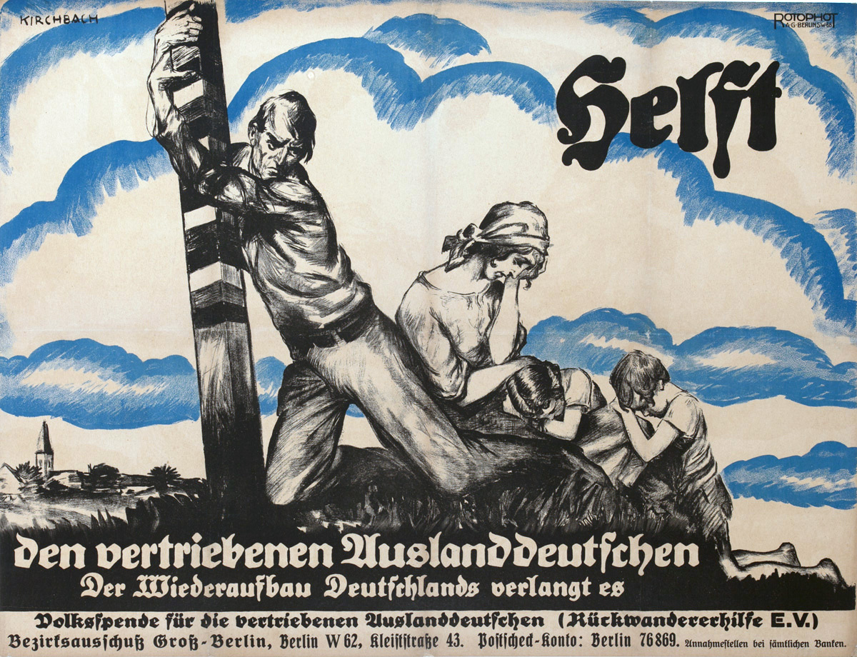 Original Post-WWI German Political Propaganda Poster, HELP, To Displaced Germans Abroad, The Reconstruction of Germany Demands It