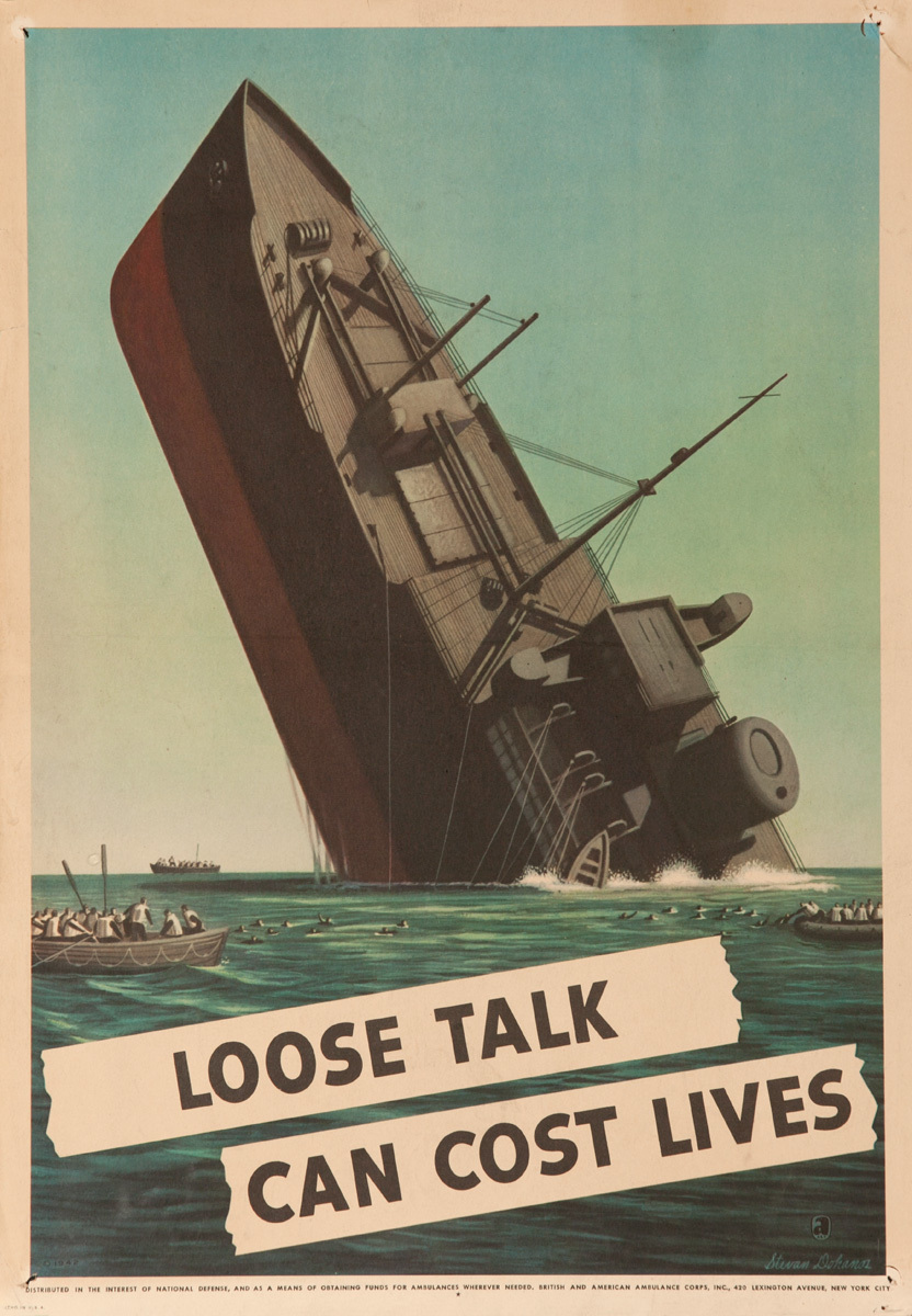 Loose Talk Can Cost Lives, Original American WWII Home Front Poster, Sinking Ship