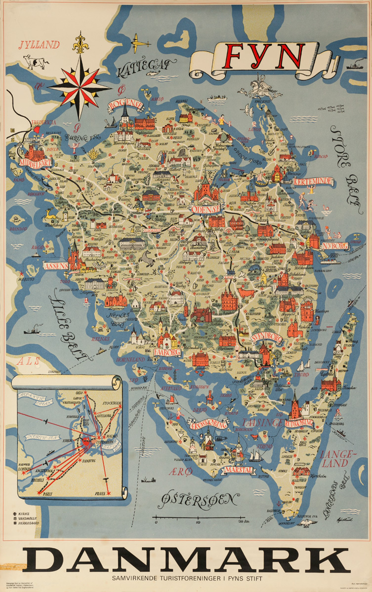 Original Danish Travel Map Poster, Danmark Fyn
