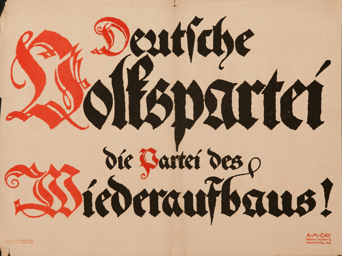 German People's Party, The Party of Reconstruction, Original Post-WWI German Political Propaganda Poster