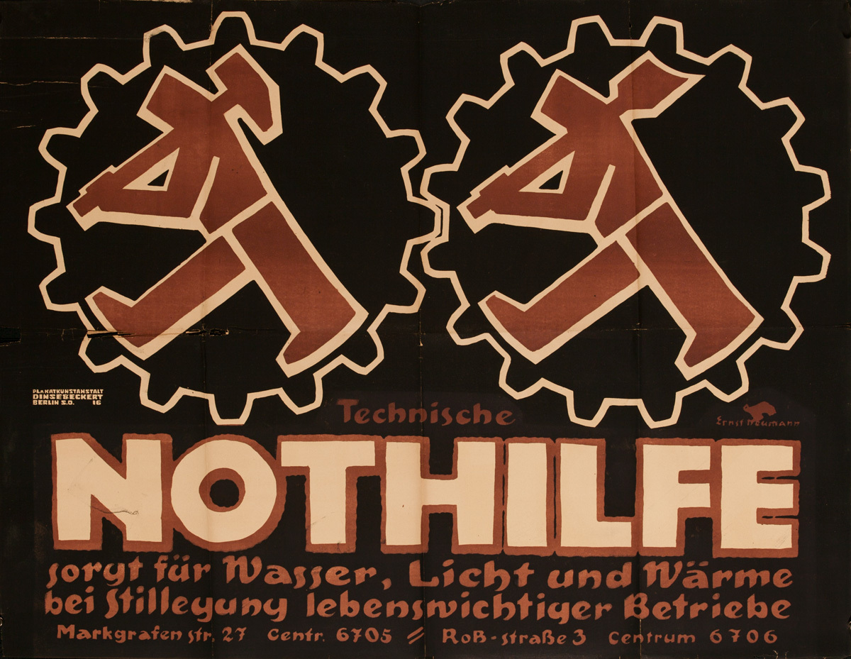 Technische Nothilfe Sorgt für Wasser, Licht  und Wärme bei stilllegung lebenswichtiger Betriebe, Original Post-WWI German Political Propaganda Poster