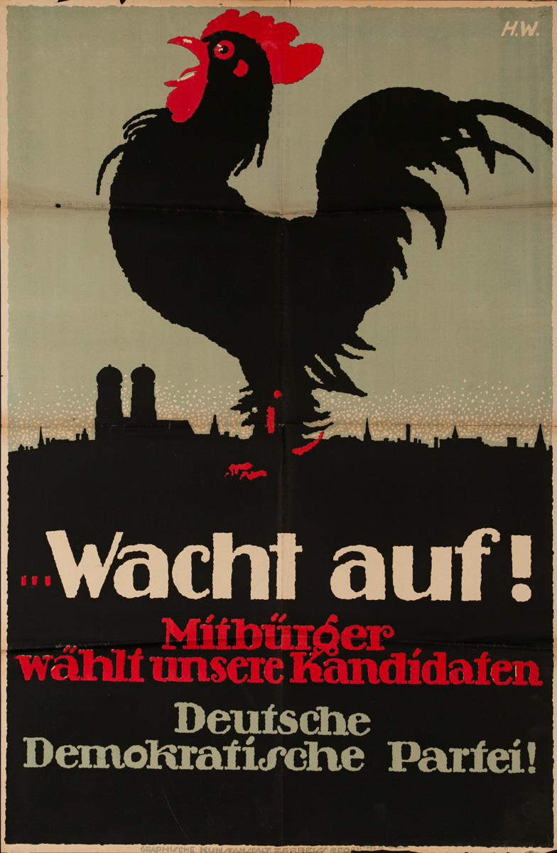 WAKE UP! Citizens Elect Our Candidates,  German Democratic Party,  Original Post-WWI German Political Propaganda Poster