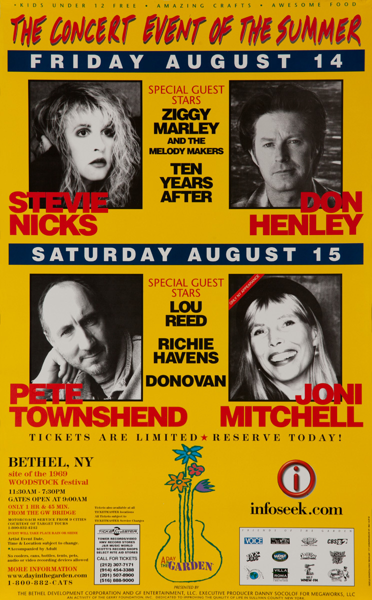 A Day in the Garden, Bethel NY The Concert Event of the Summer -  Stevie Nix, Don Henley, Pete Townshend and Joni Mitchell Original Rock Poster