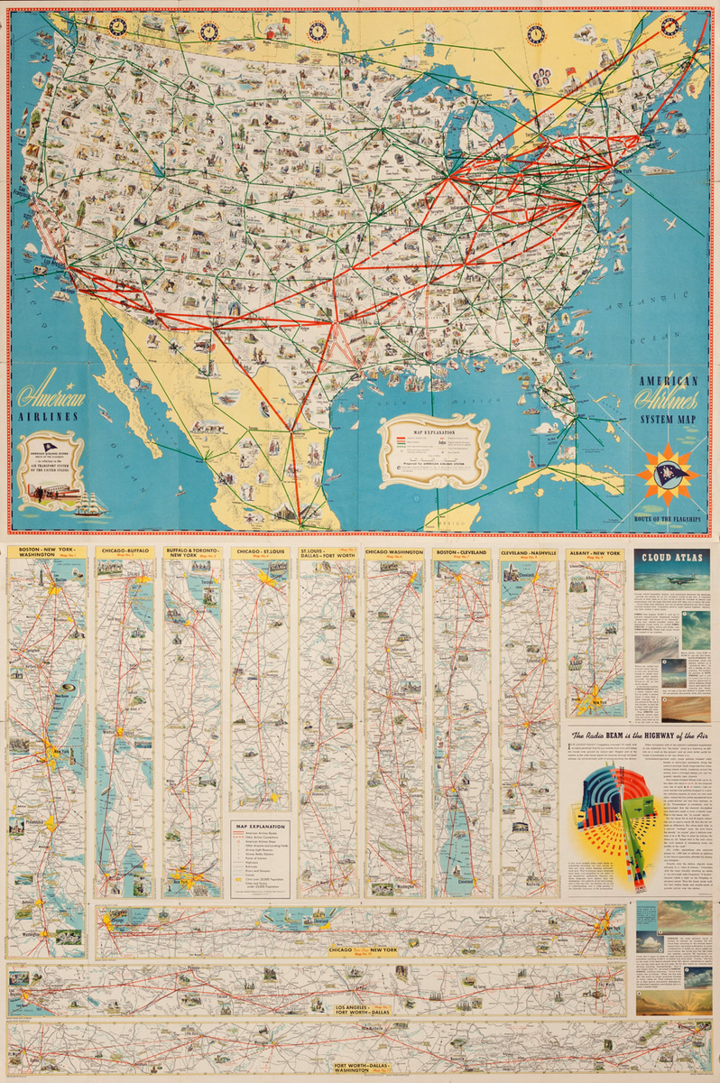Original American Airlines System Map, Route of the Flagships, Brochure
