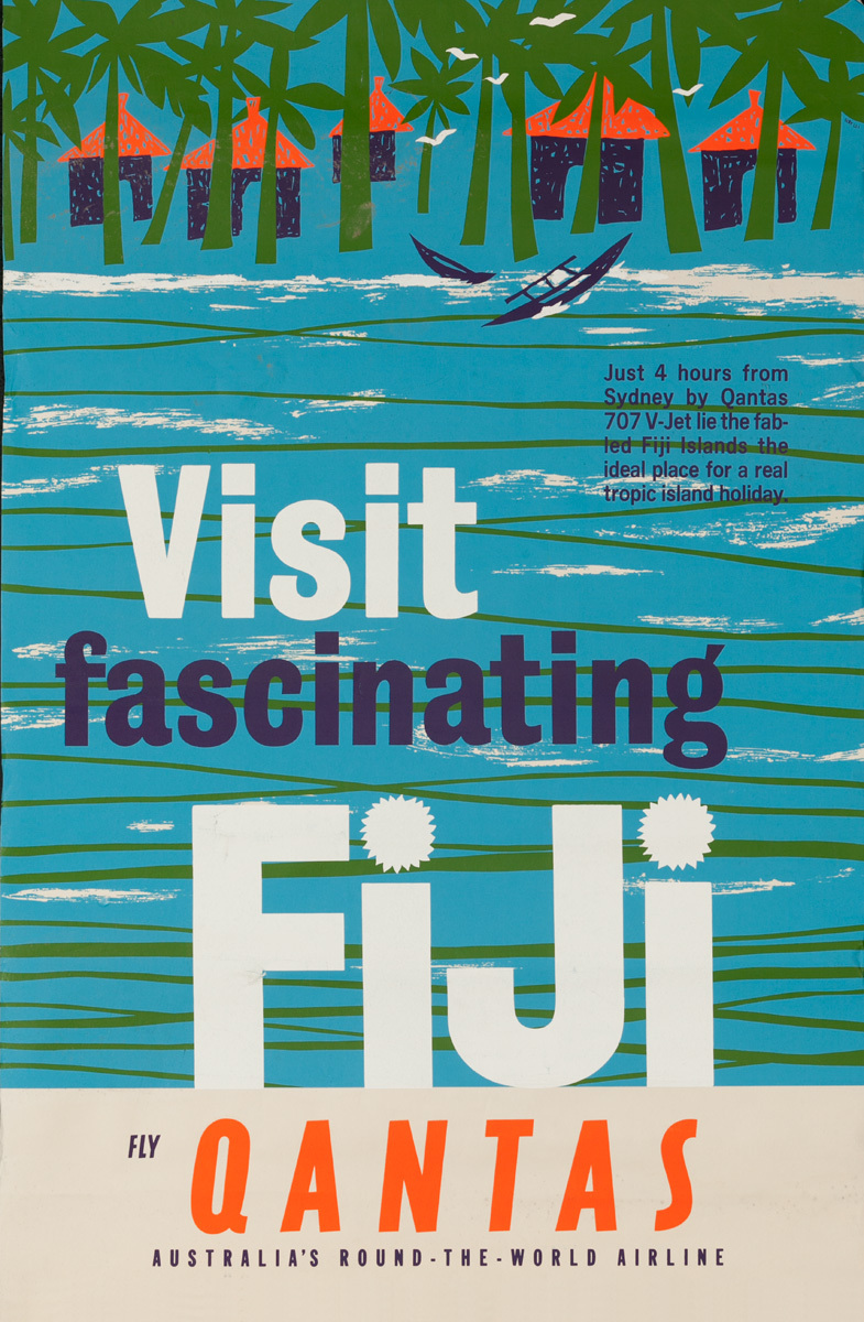 Visit Fascinating Fiji Original Qantas Airlines Travel Poster