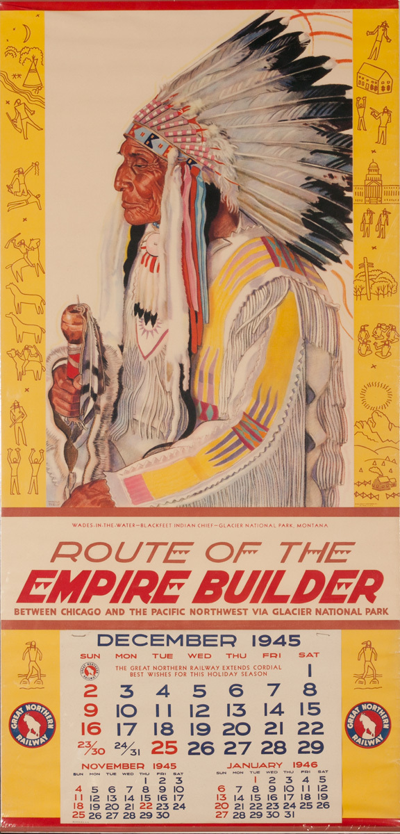 Great Northern Railway, Route of the Empire Builder Original Calendar Poster, Wades in the Water Blackfeer Chief