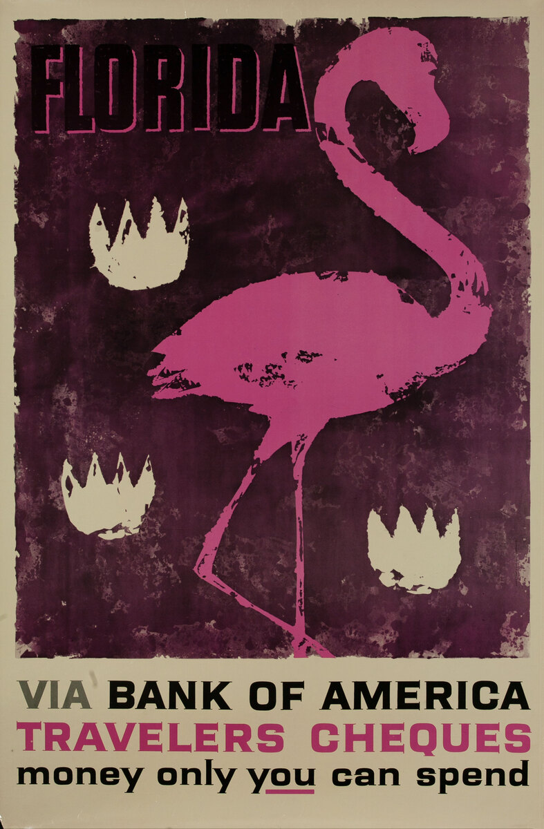Bank of America Travelers Check Original Vintage Advertising Poster, Florida Flamingo