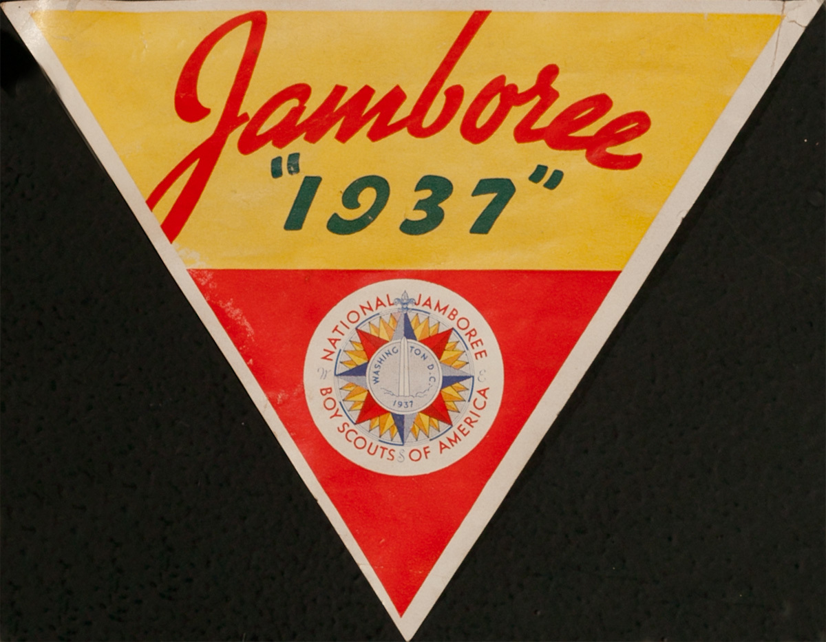 Original 1937 Boy Scout Jamboree Luggage Label, red yellow