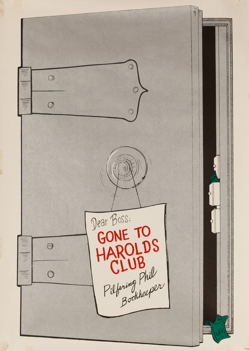 Original Harold's Club Casino Poster, Dear Boss Gone to Harold's Club Safe