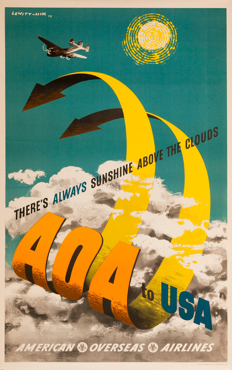American Overseas Airlines AOA Original Travel Poster, There is always Sunshine Above The Clouds