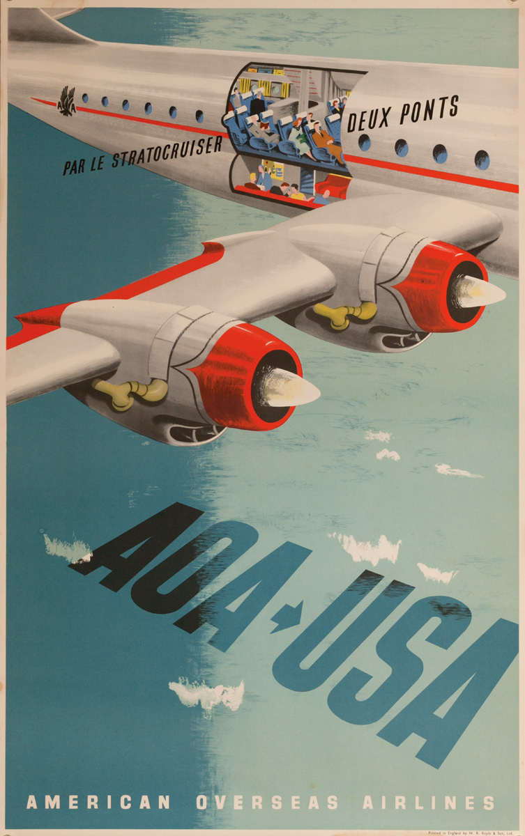 American Overseas Airlines Original Travel Poster AOA, Par le Stratocruiser
