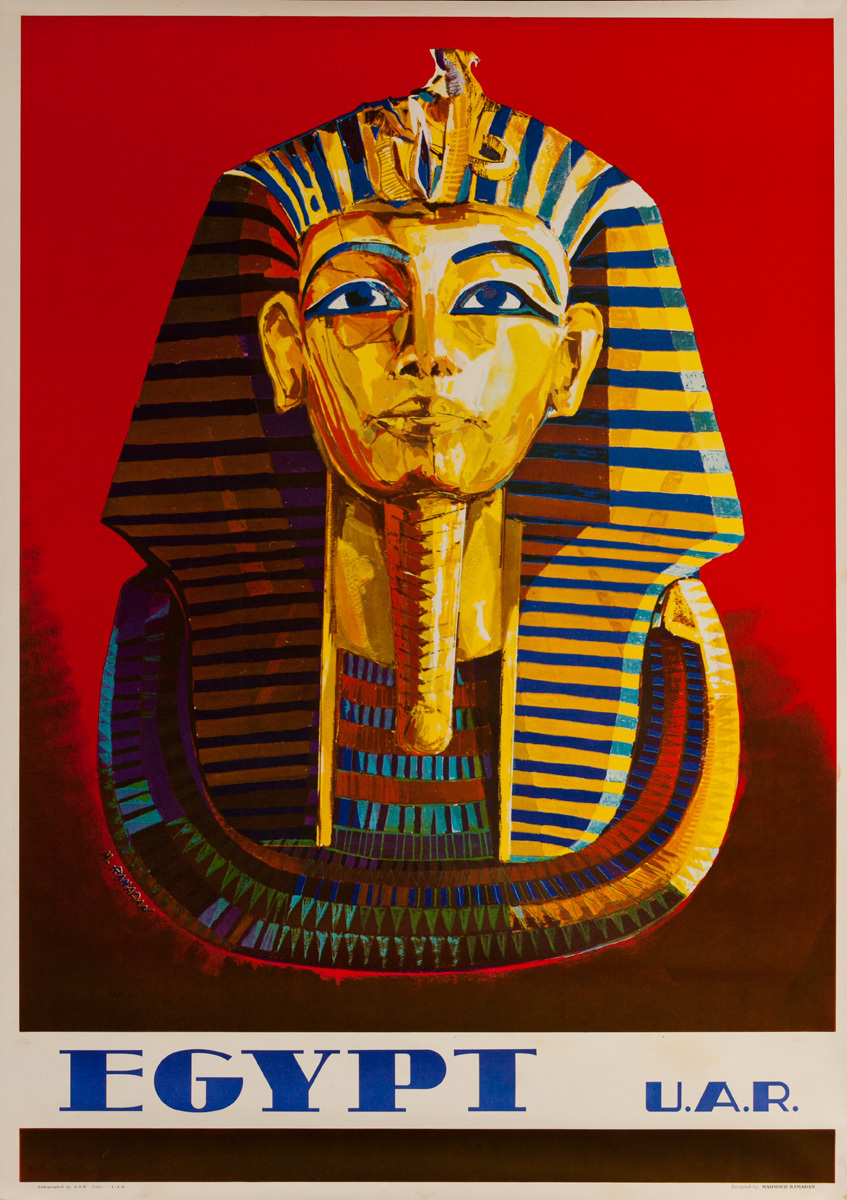 Original Egypt U.A.R. Travel Poster Death Mask of Tutankhamun