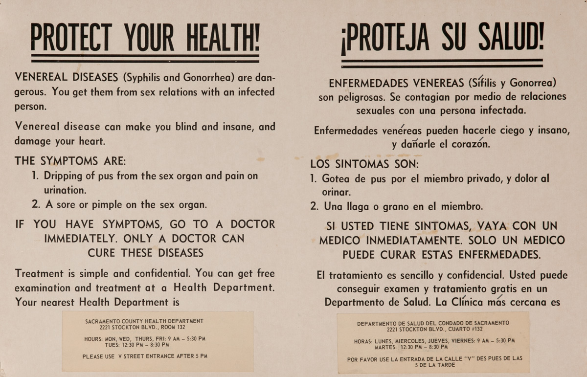 Original Protect Your Health Venereal Disease Poster, English Spanish