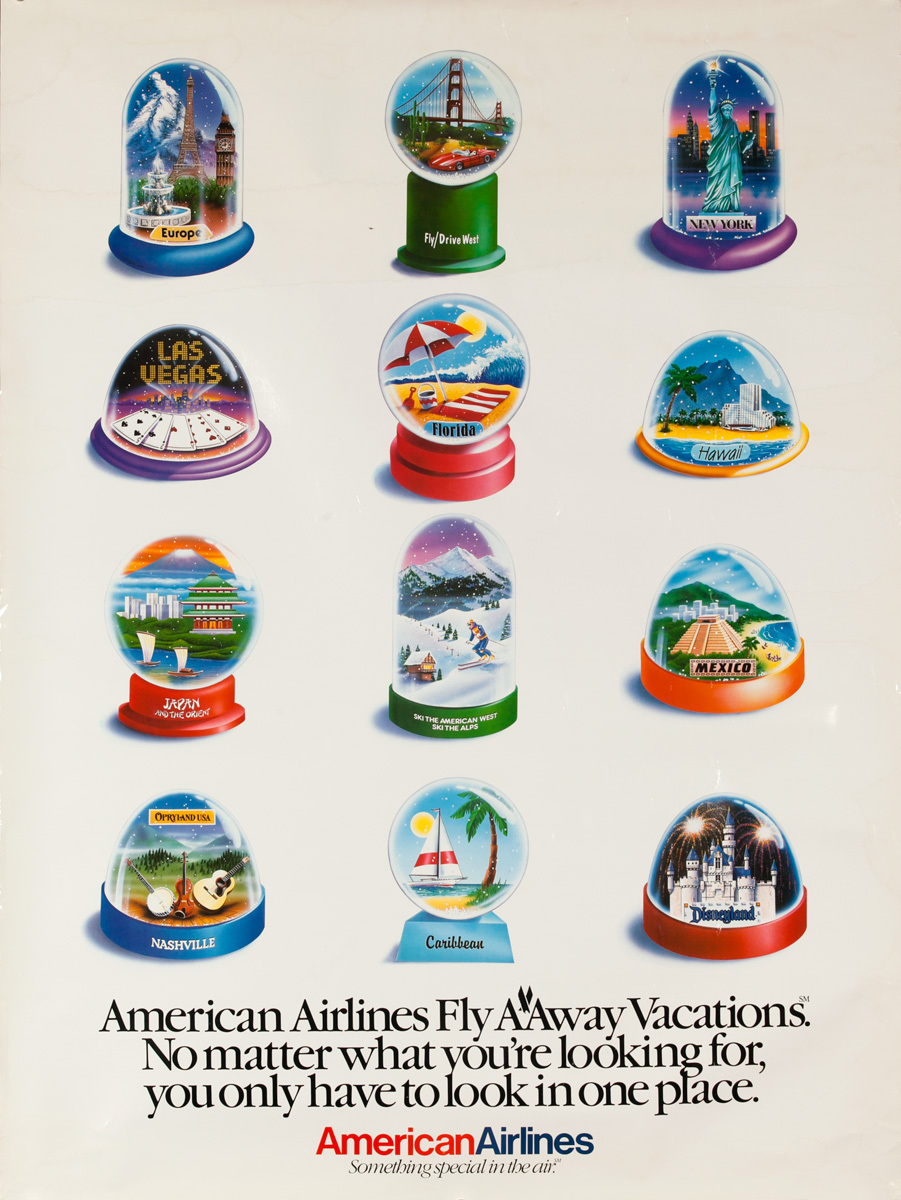 American Airlines FlyAAway Vacations Original Travel Poster Snowglobes