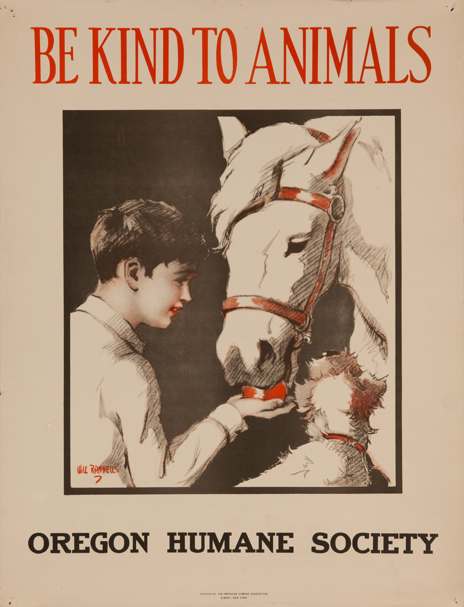 Original The Oregon Humane Society Poster, Be Kind to Animals, Boy Feeding Apple to Horse