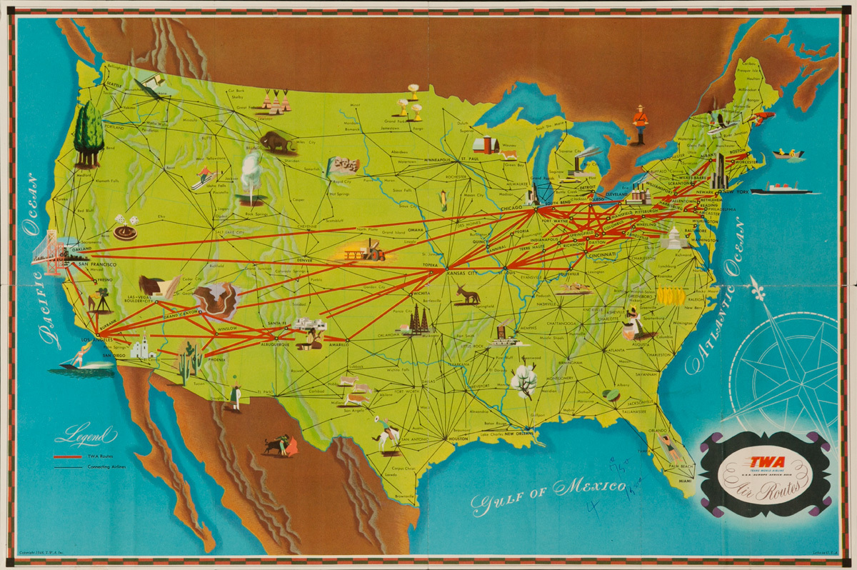 Original TWA Route Map Air Poster