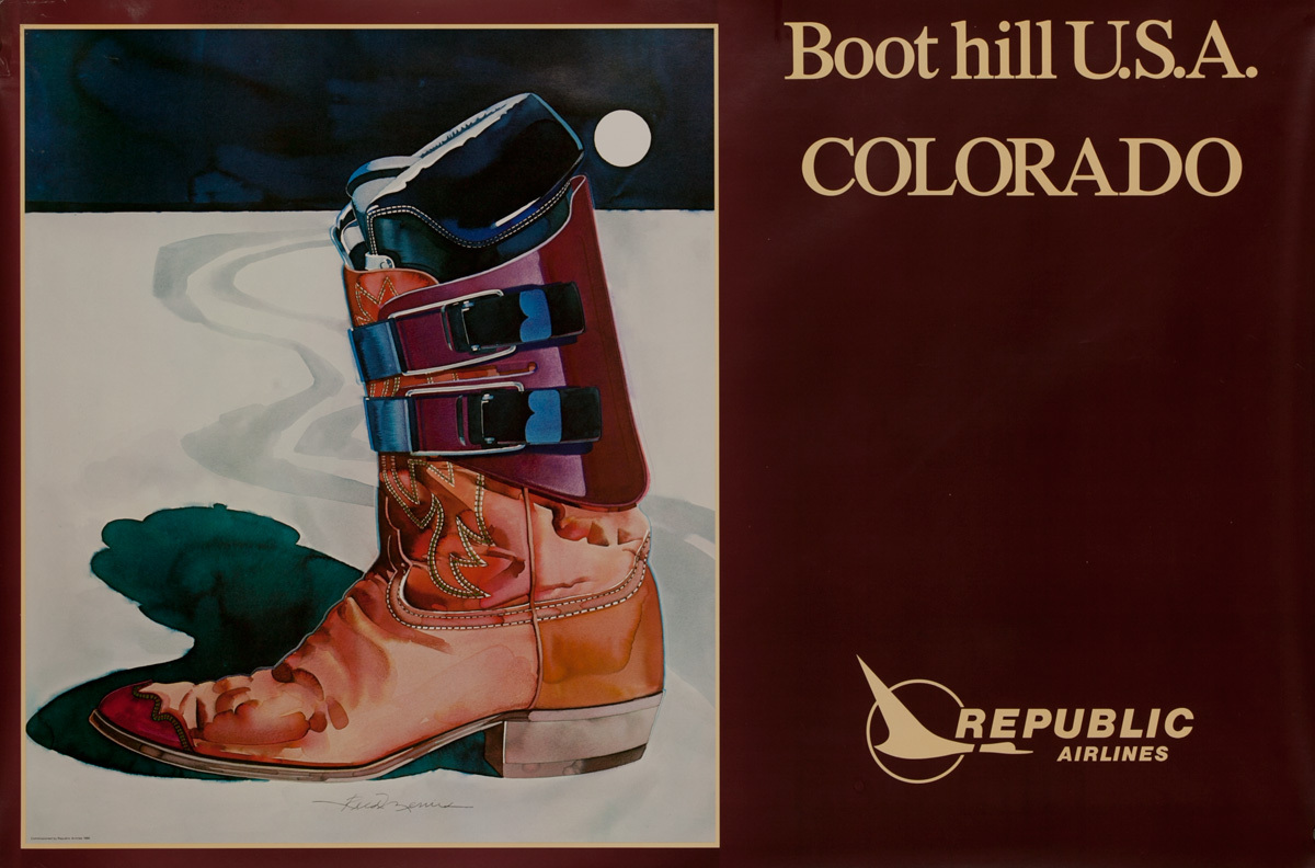 Republic Airlines Original Travel Poster, Boot Hill USA Colorado