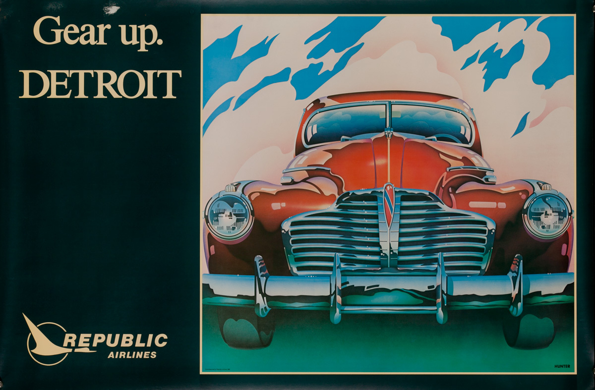 Republic Airlines Original Travel Poster, Gear Up Detroit