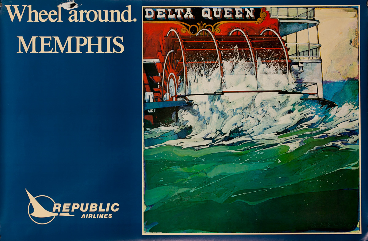 Republic Airlines Original Travel Poster, Wheel Around. Memphis