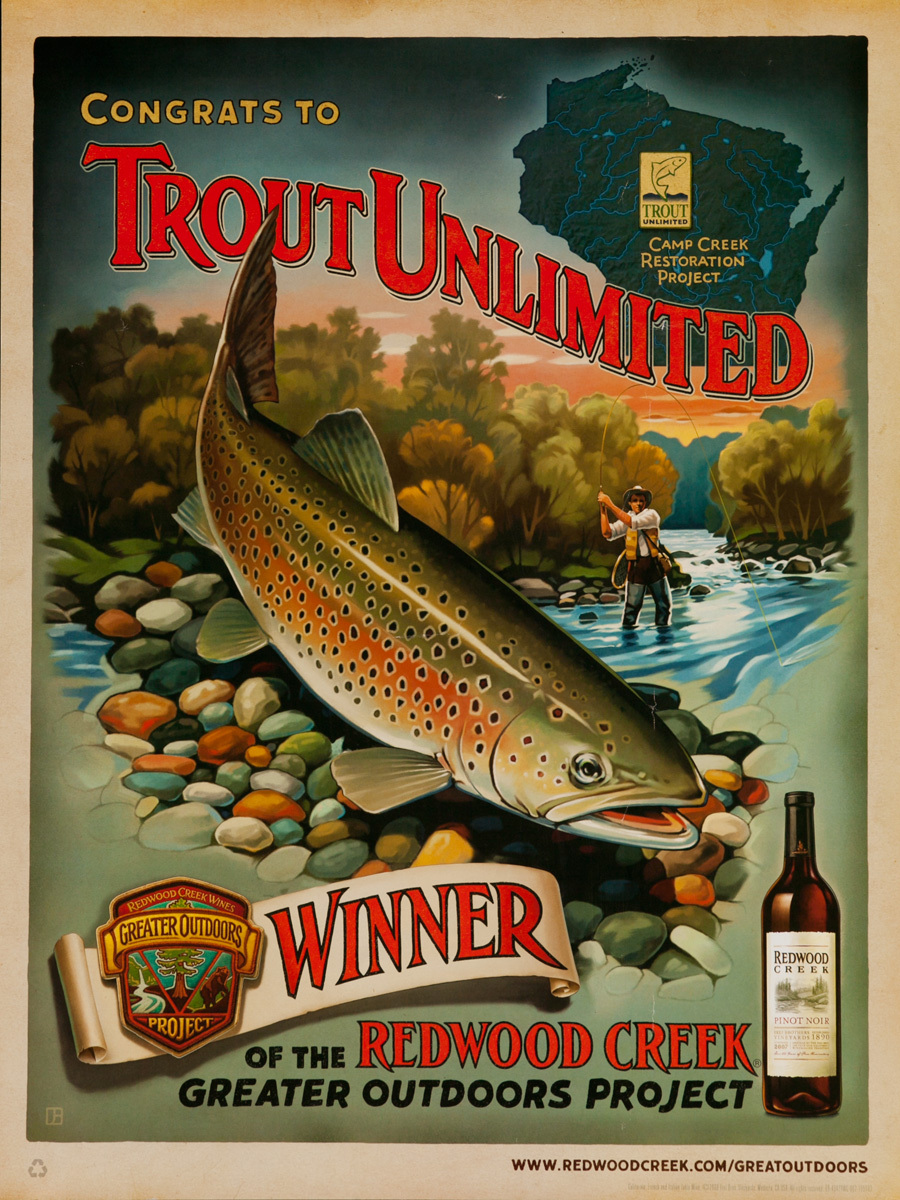 Congrats to Trout Unlimited, Winner of the Redwood Creek Greater Outdoor Project, Original American Vineyard Advertising Poster, Pinot Noir