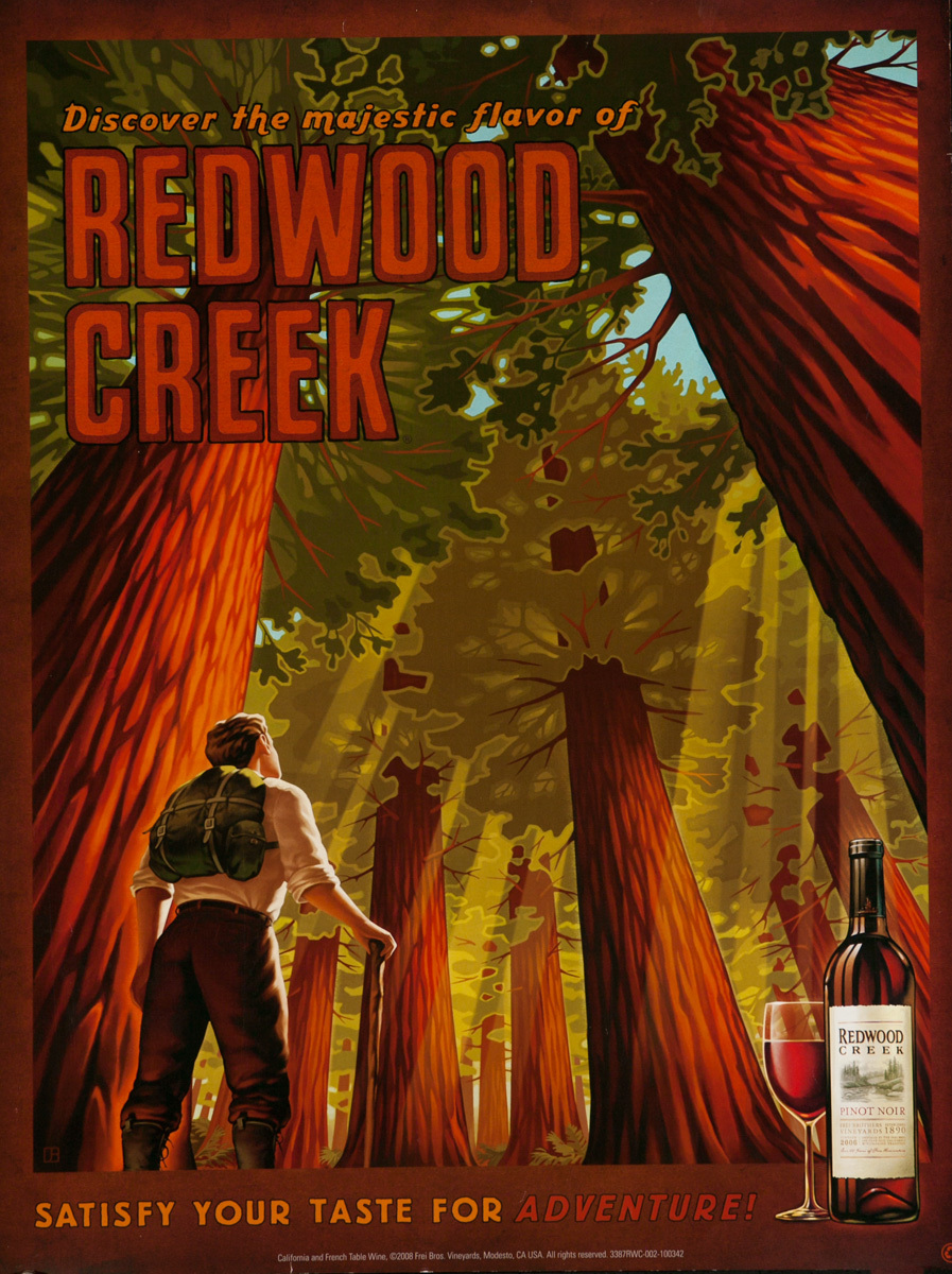 Discover the Majestic Flavor of Redwood Creek, Satisfy Your Taste For Adventure. Original American Vineyard Advertising Poster Pinot Noir