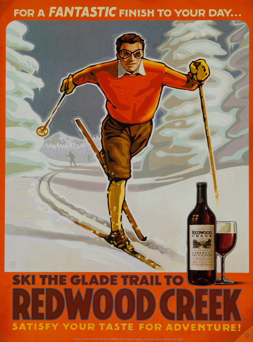 For a Fantastic Finish To Your Day, Ski the Glade Trail to Redwood Creek Original American Vineyard Advertising Poster, California Cabernet Sauvignon