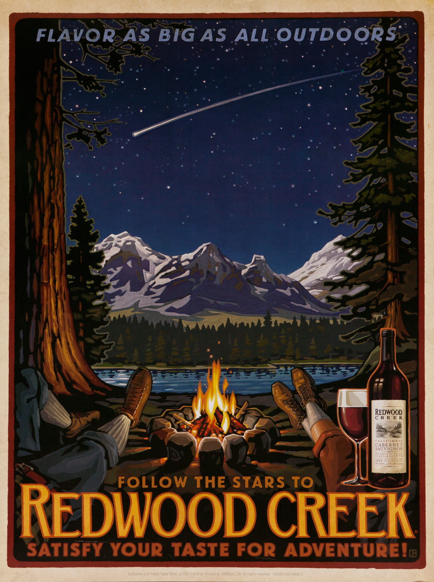 Flavor as Big as All Outdoors, Follow the Stars to Redwood Creek, Satisfy Your Taste for Adventure,  Original American California Vineyard Advertising Poster