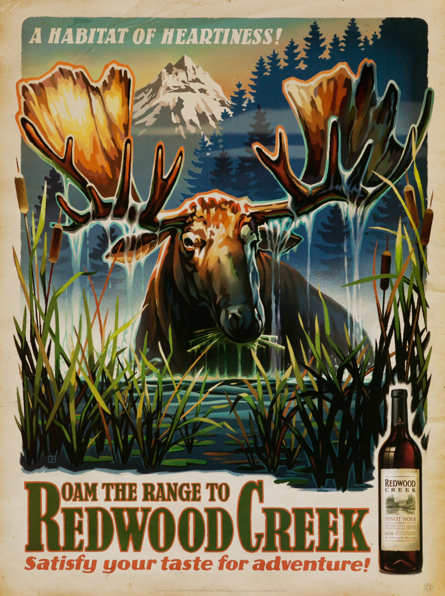 A Habitat of Heartiness!, Roam the Range to Redwood Creek Original American Vineyard Advertising Poster, Pinot Noir