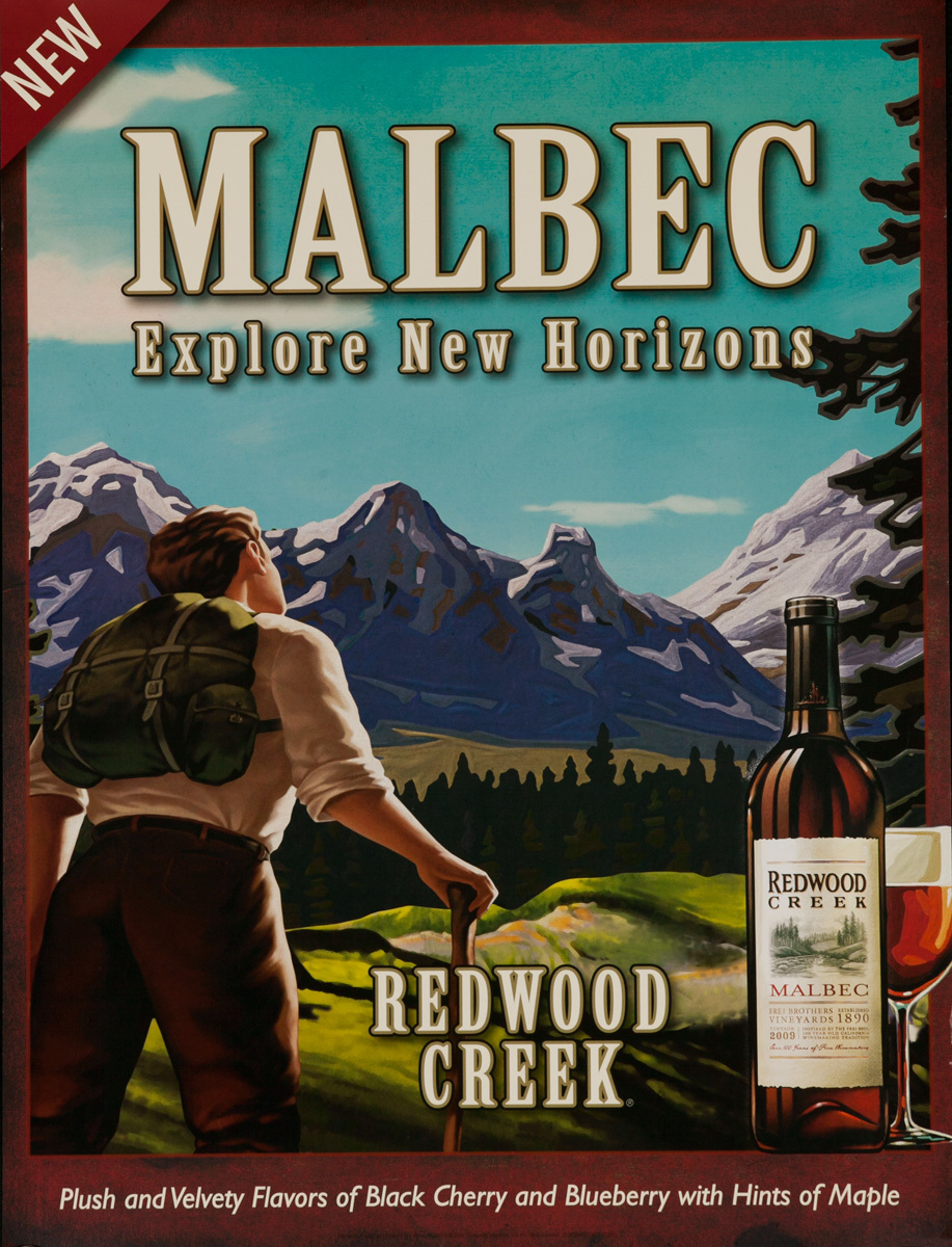 Malbec, Explore New Horizons, Redwood Creek Original American Vineyard Advertising Poster