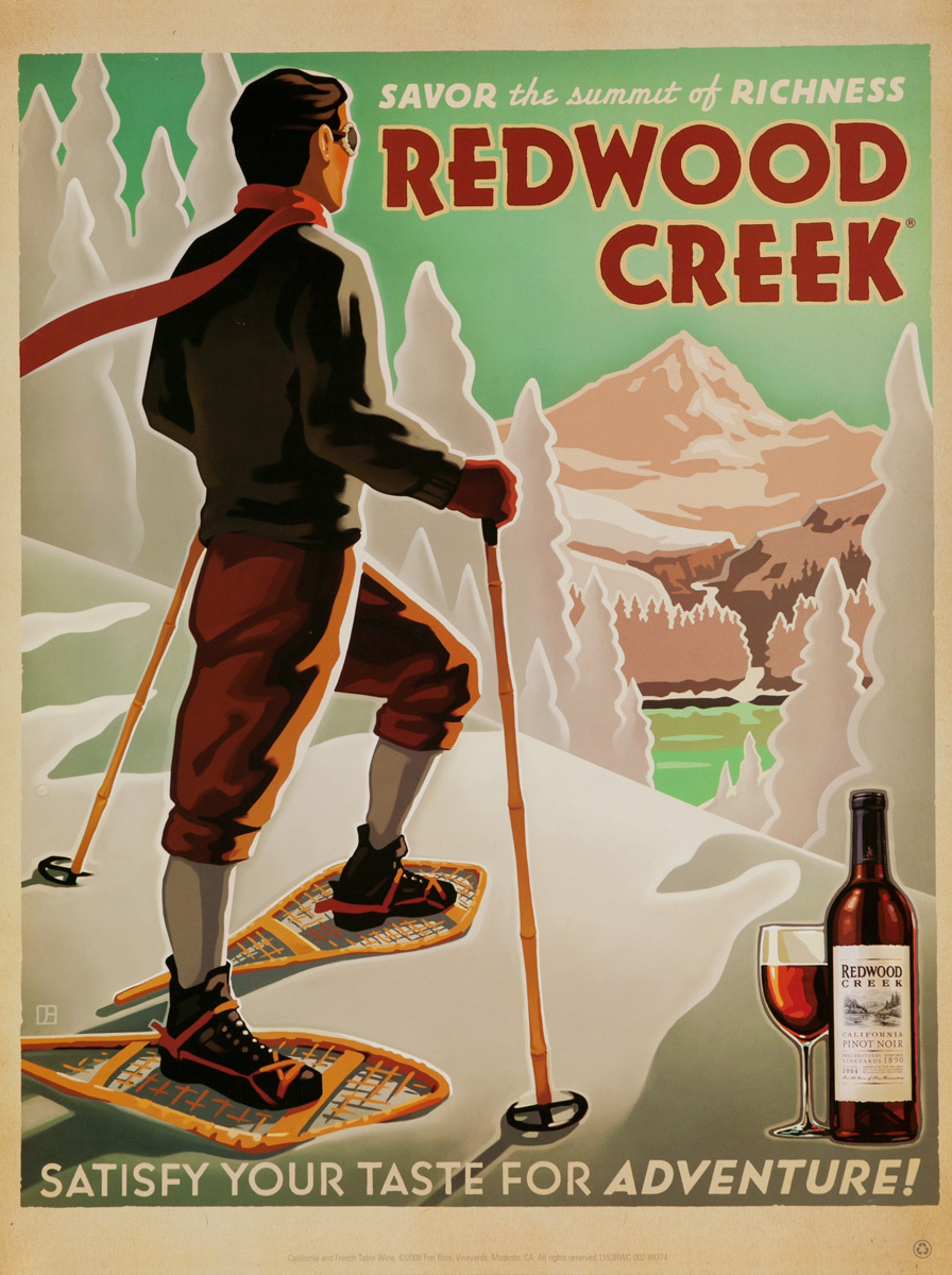 Savor the Summit of Richness, Redwood Creek, Satisfy Your Taste for Adventure, Original American Vineyard Advertising Poster, California Pinot Noir