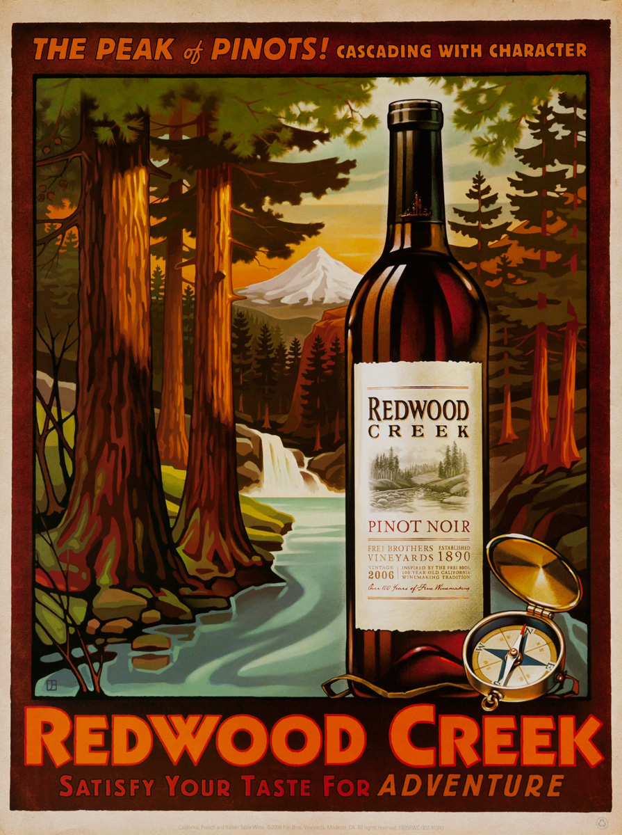 The Peak of Pinots! Cascading With Character, Redwood Creek Original California American Vineyard Advertising Poster, Pinot Noir