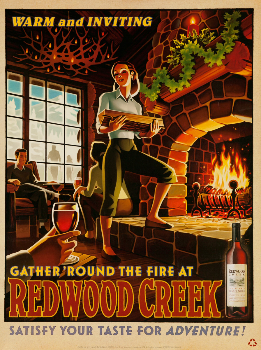 Warm and Invitng, Gather Round the Fire at Redwood Creek, Satisfy Your Taste for Adventure! Original American Vineyard Advertising Poster, California Pinot Noir