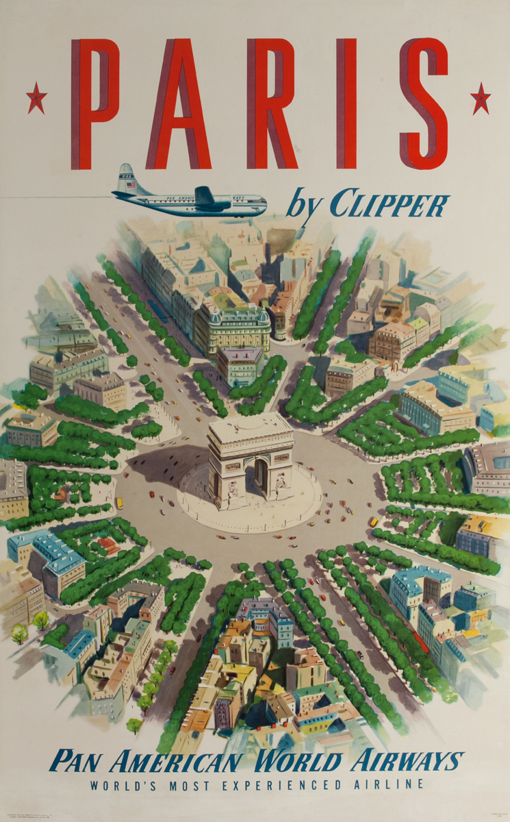 Paris by Clipper Original Pan American Airline Travel Poster Arc de Triomphe