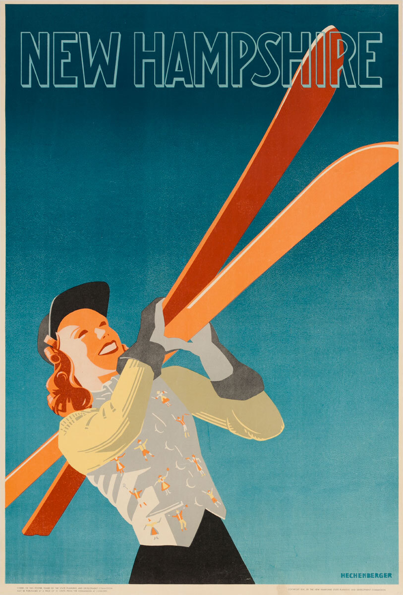 New Hampshire, Original Ski Poster Woman WIth Skis