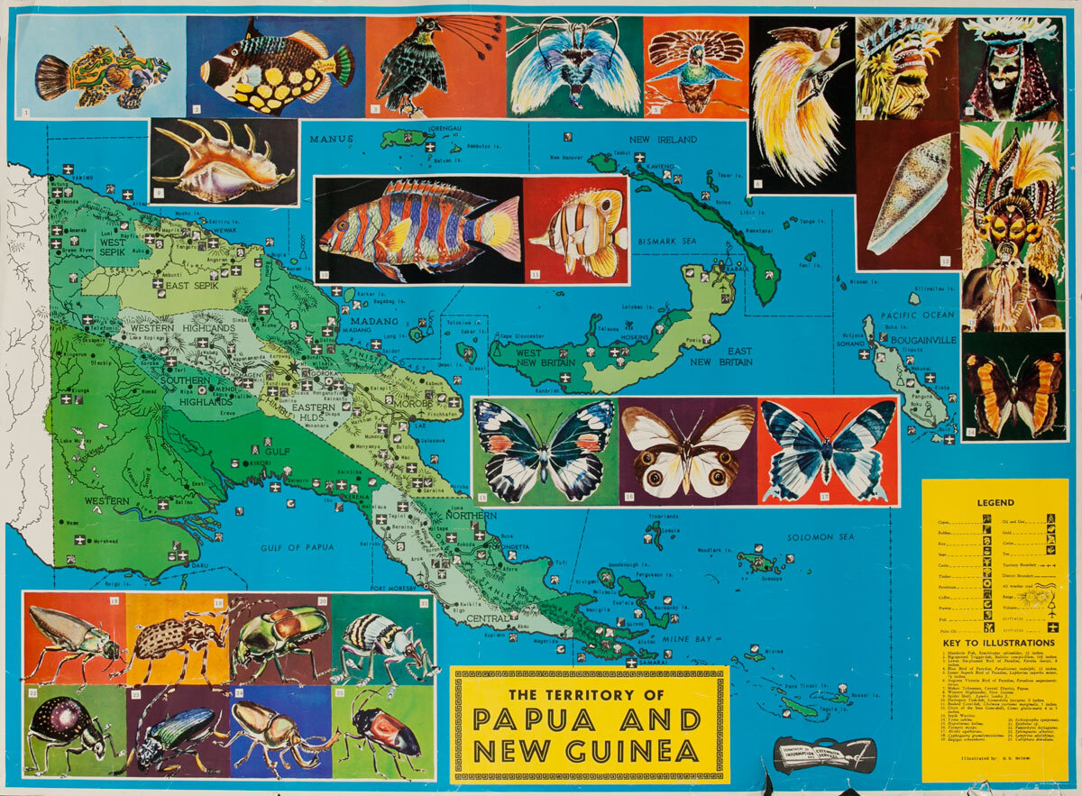 The Territory of Paua and New Guinea, Original Travel Poster Map