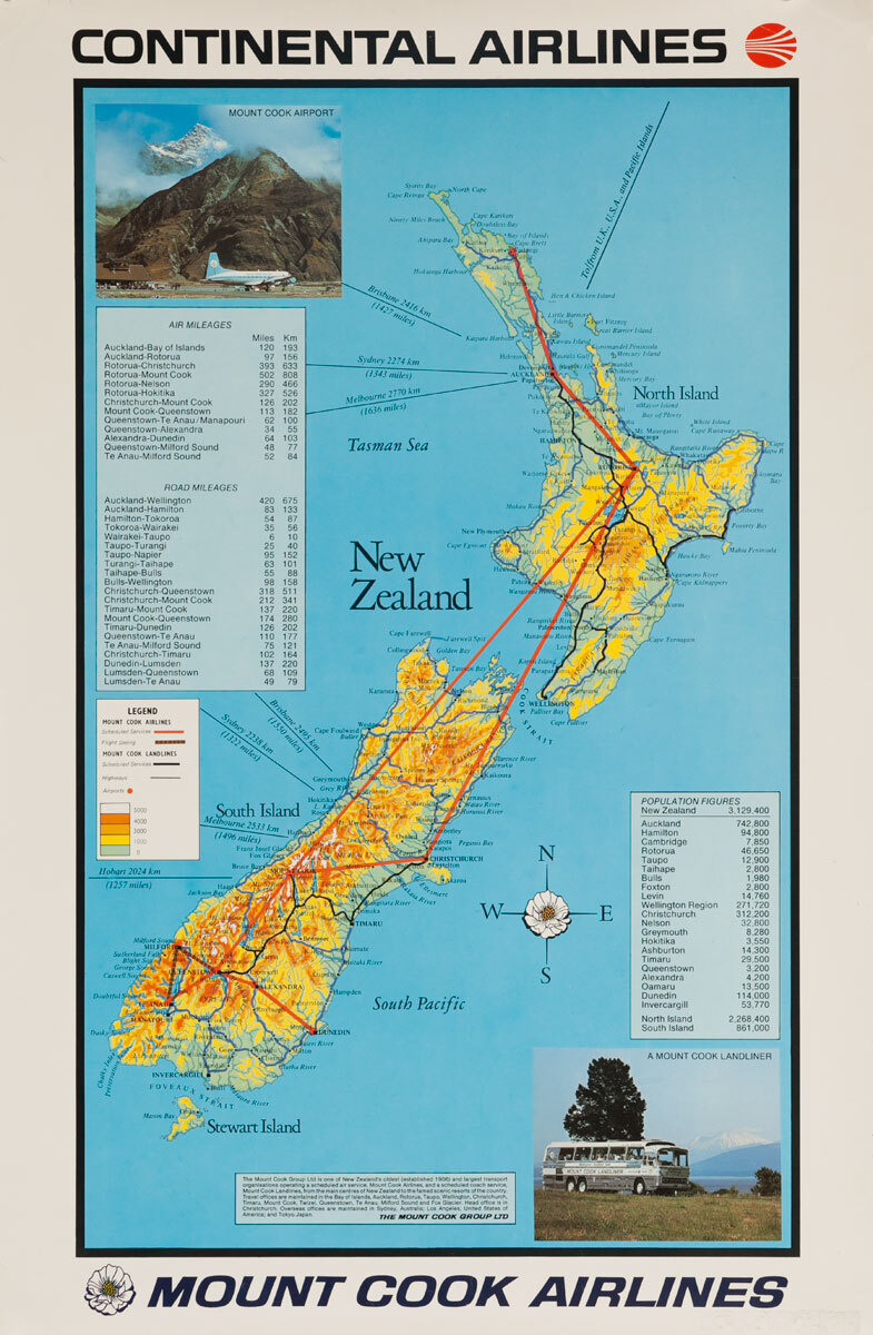 Continental and Mount Cook Airlines Original Travel Poster New Zealand Map