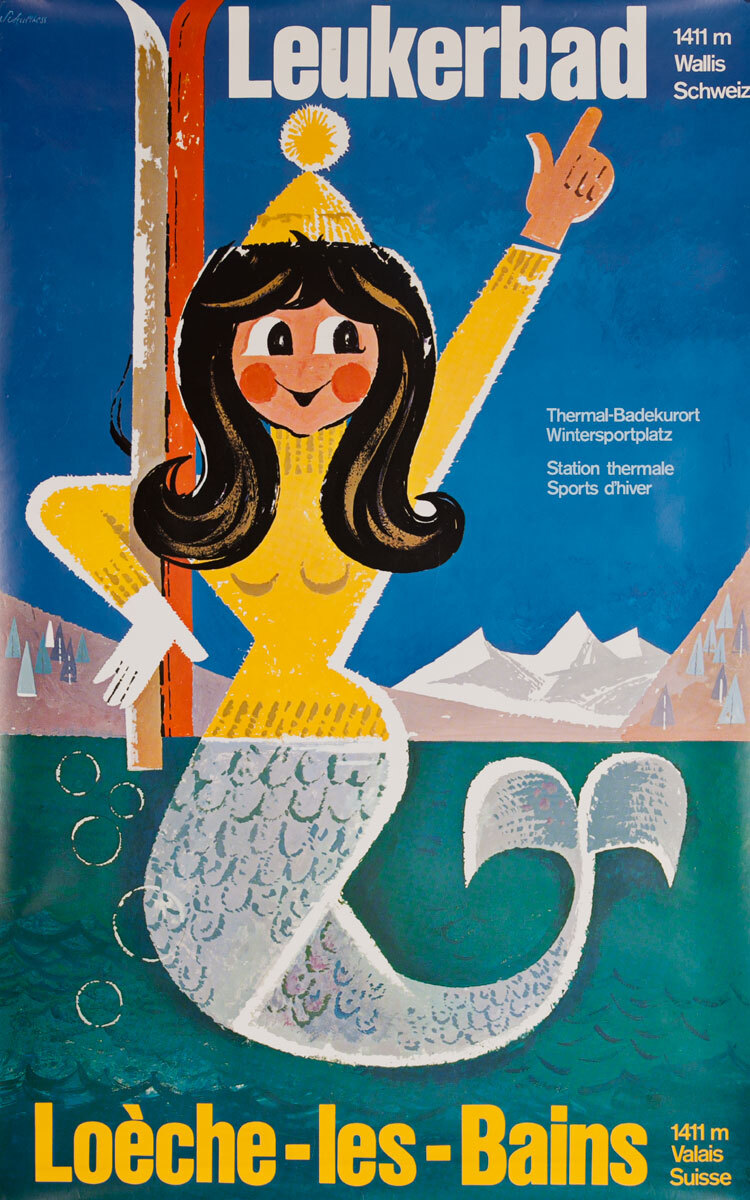 Leukerbad, Original Swiss Travel Poster Skiing Mermaid
