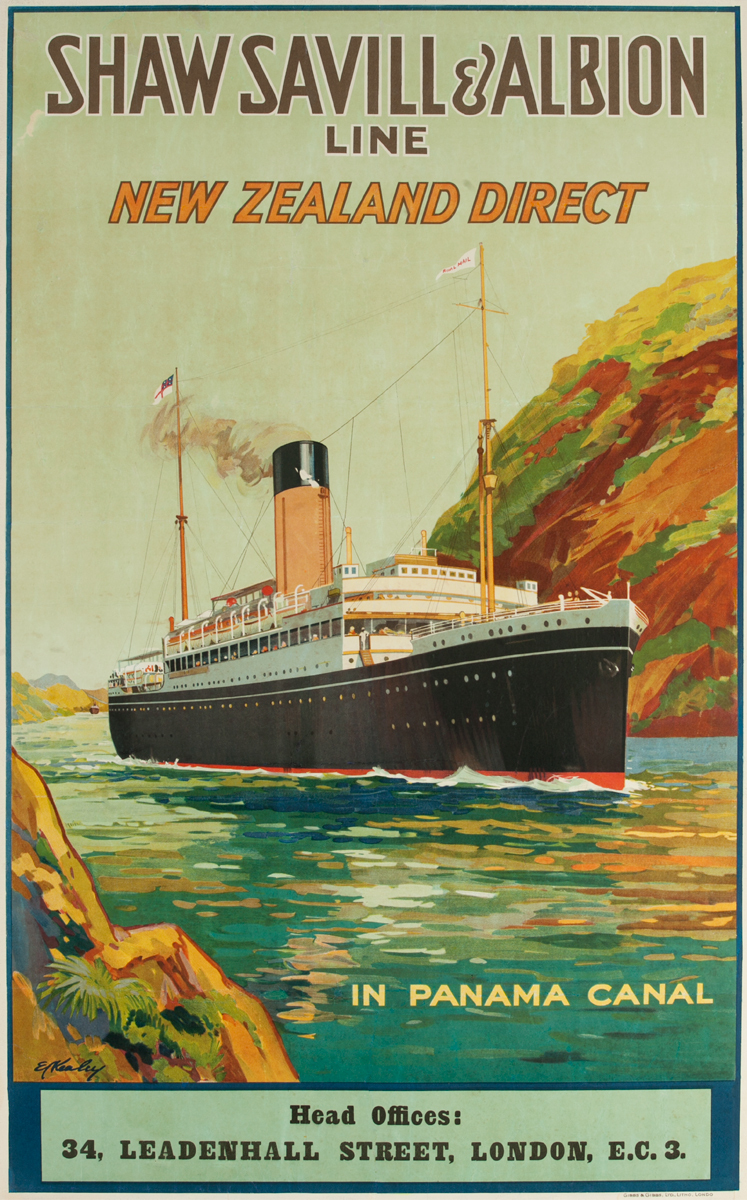 Shaw Savill & Albion Line - New Zealand Direct, In Panama Canal, Original Cruise Line Travel Poster
