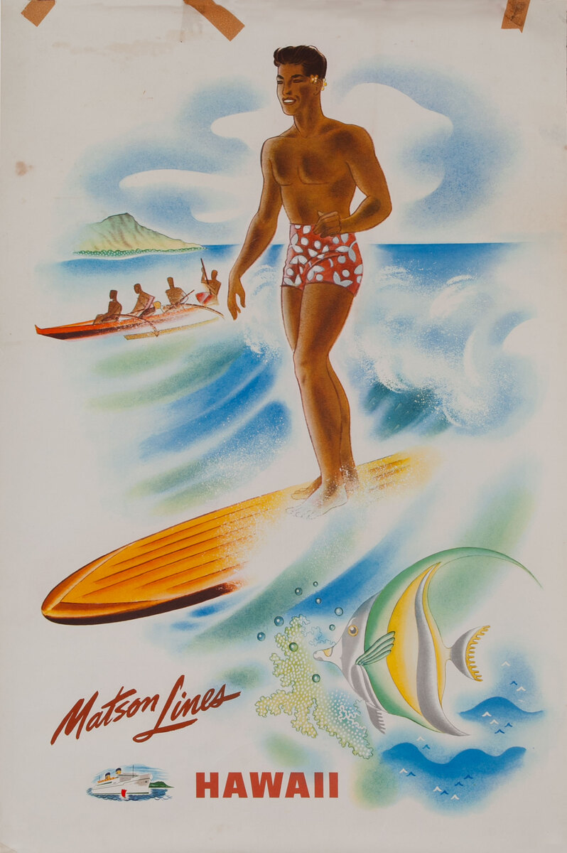Matson Lines Hawaii Original Travel Poster Surfing Guy