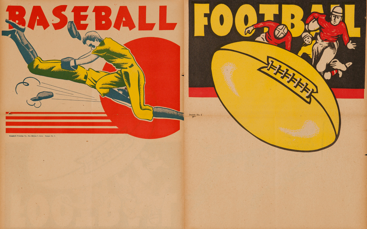 Campbell Print Company Stock Poster, Two Sided Baseball Dive and Football
