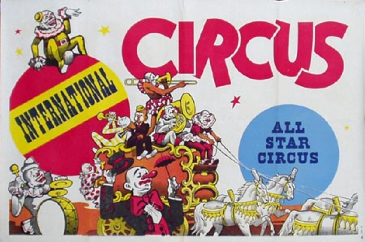 International All Star Stock Original Vintage Circus Poster Clowns on Float
