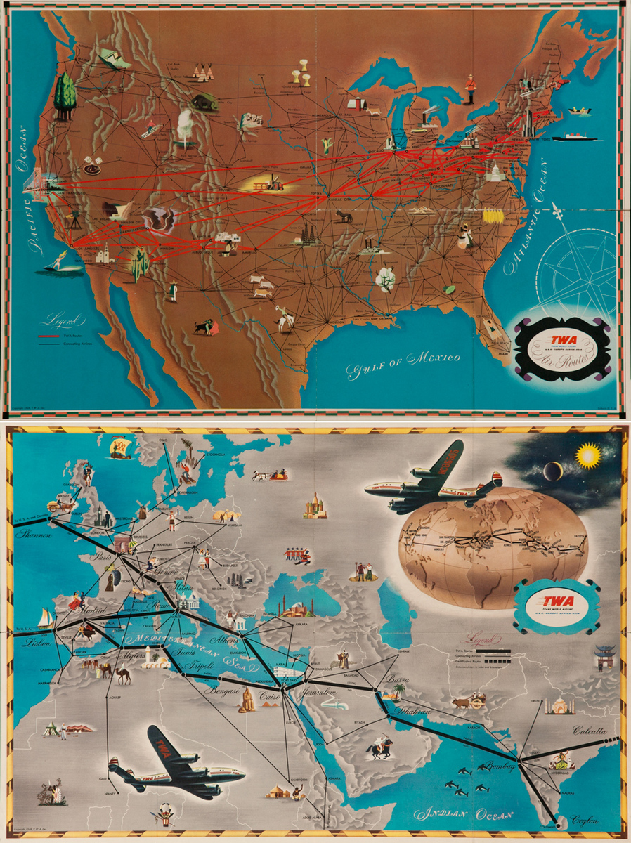 Original 2 Sided TWA Trans World Airlines Route Map