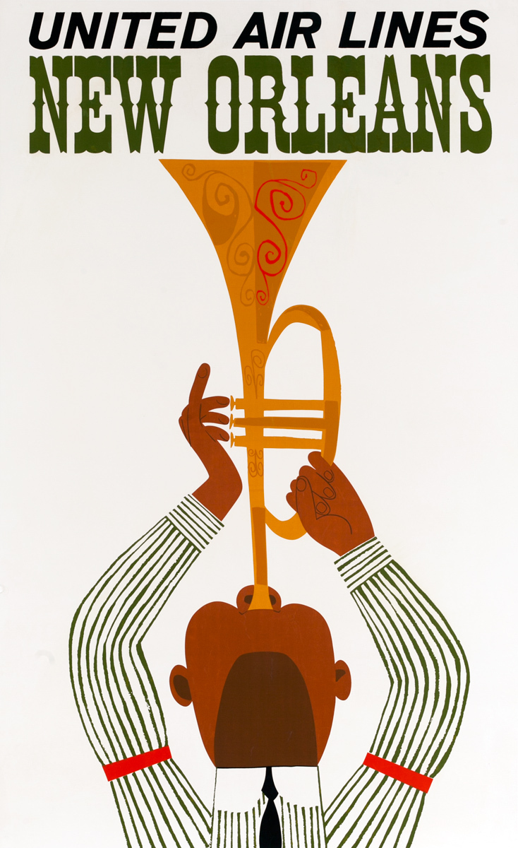 Original United Air Lines Travel Poster, New Orleans Jazz Horn Player
