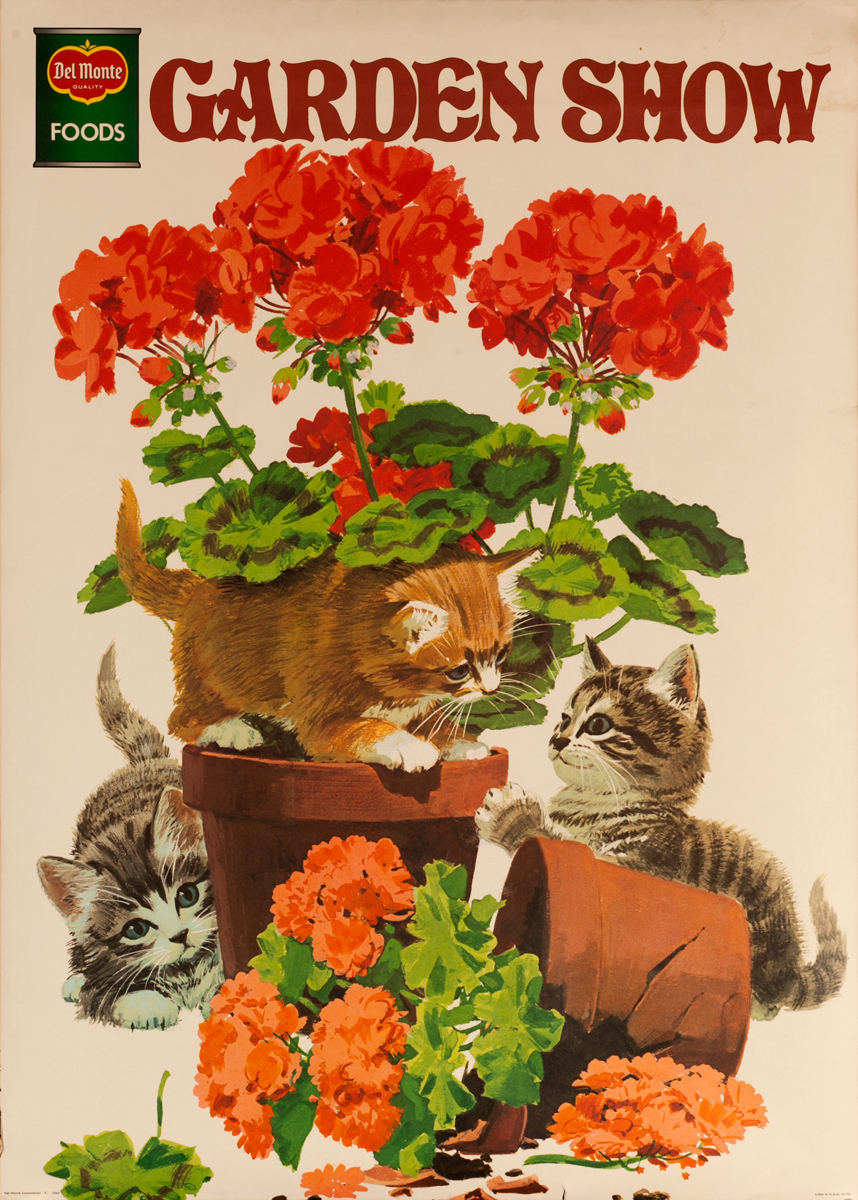 Del Monte Garden Show Original Advertising Poster,3 Kittens with Geraniums