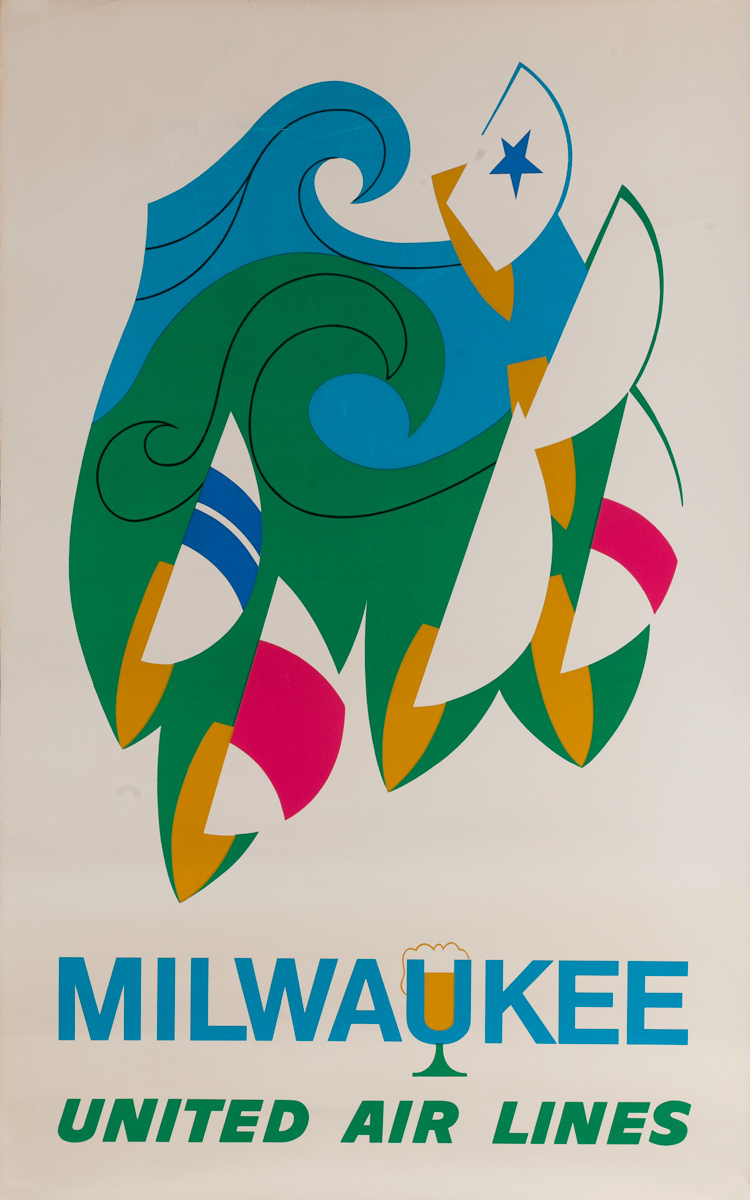 Milwaukee Original United Air Lines Travel Poster Beer and Sailing