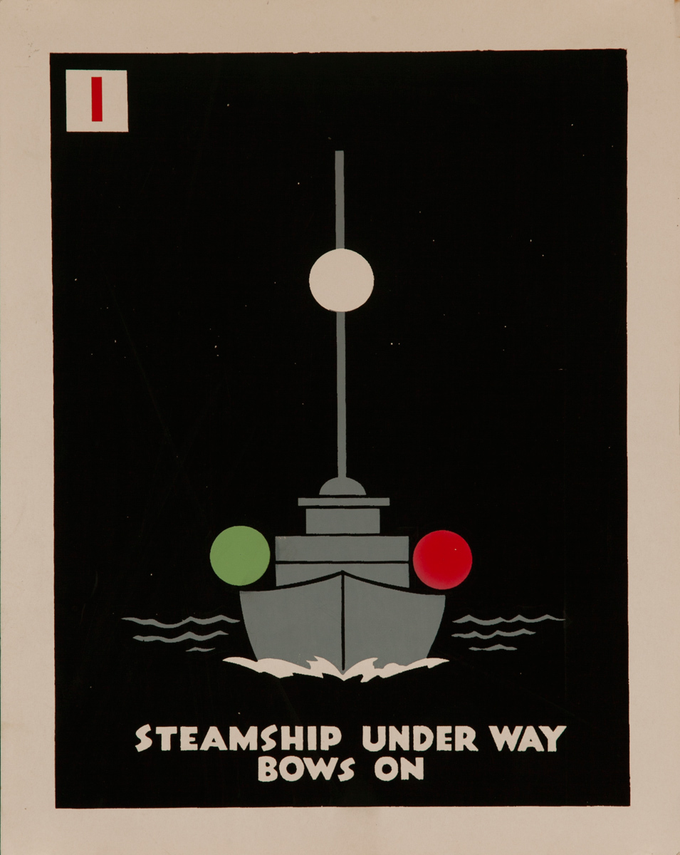 Steamship Under Way, Bows On, Original American Naval Training Chart, Running Lights