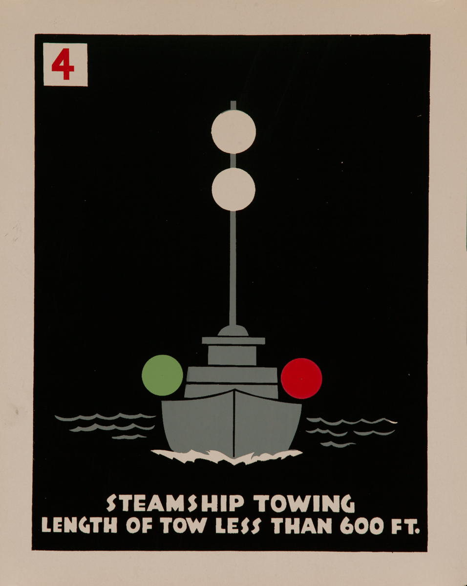 Steamship Towing, Length of Tow Less than 600 Ft., Original American Naval Training Chart, Running Lights
